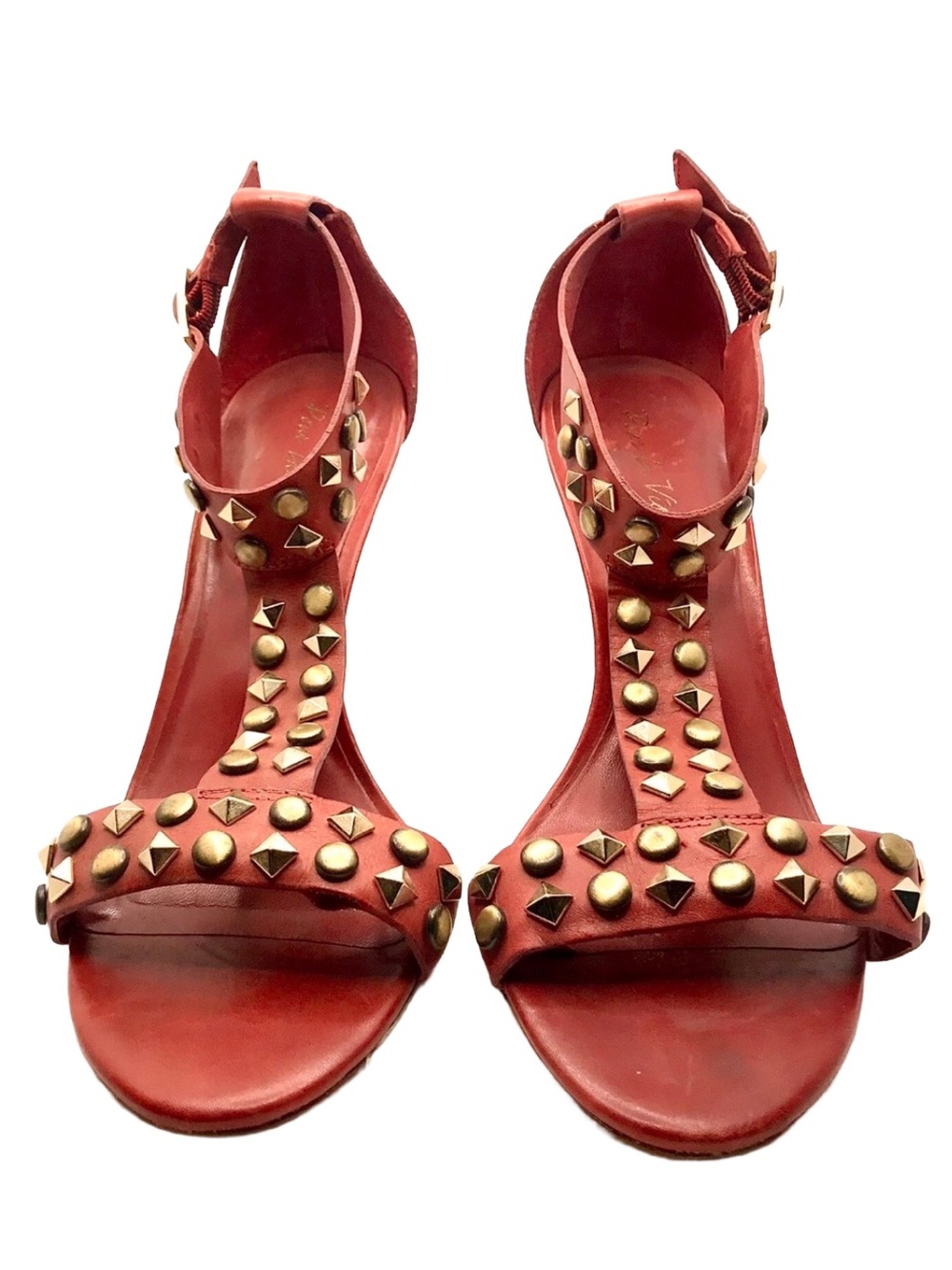 POUR LA VICTOIRE RED LEATHER WITH GOLD METAL STUDS T STRAP HEELS (8.5)